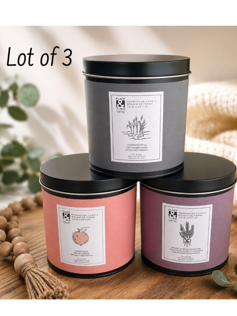 Place & Time Farmhouse Scented Candles 3 Piece Set 12 oz Tin
